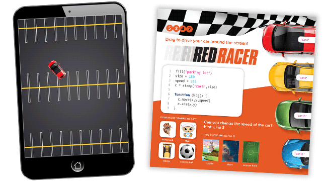 Example app for teaching kids to code showing a parking lot and a car that can be driven by dragging it around the screen
